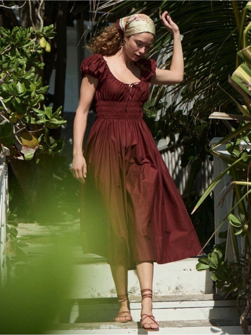 Down Smocked Waist Burgundy Midi Dress